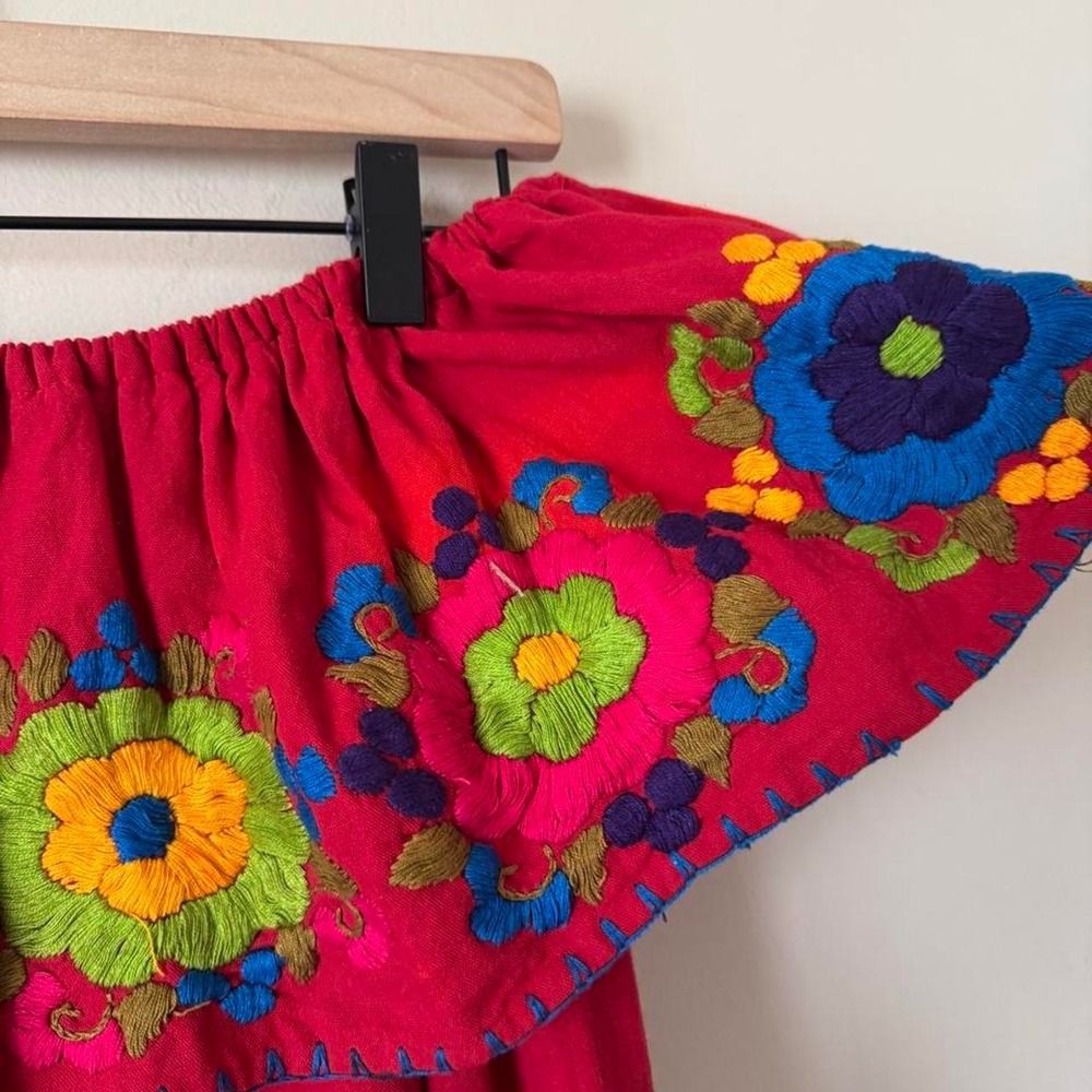 Vintage Mexican Red Embroidered Dress Oaxaca Flower Blue Yellow Short - Picture 3 of 6